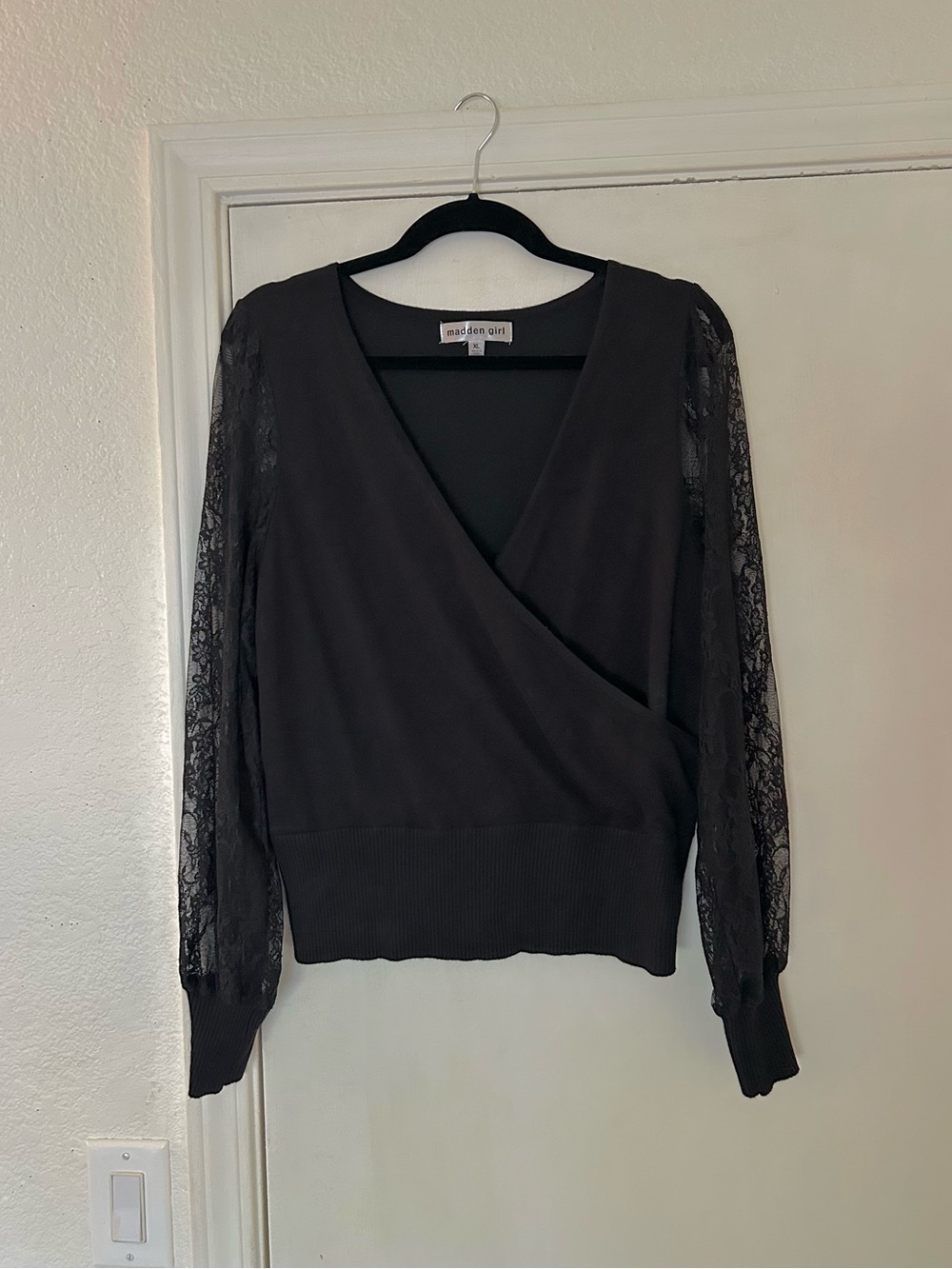 Black Lace-Sleeve Wrap V Neck Top Madden Girl